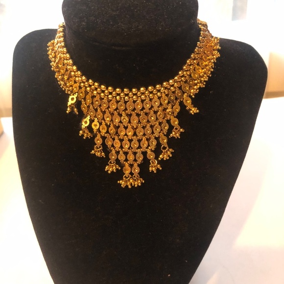 Vintage gold heavy metal mesh choker/ bib necklace with tie-ups- preloved - Picture 4 of 9